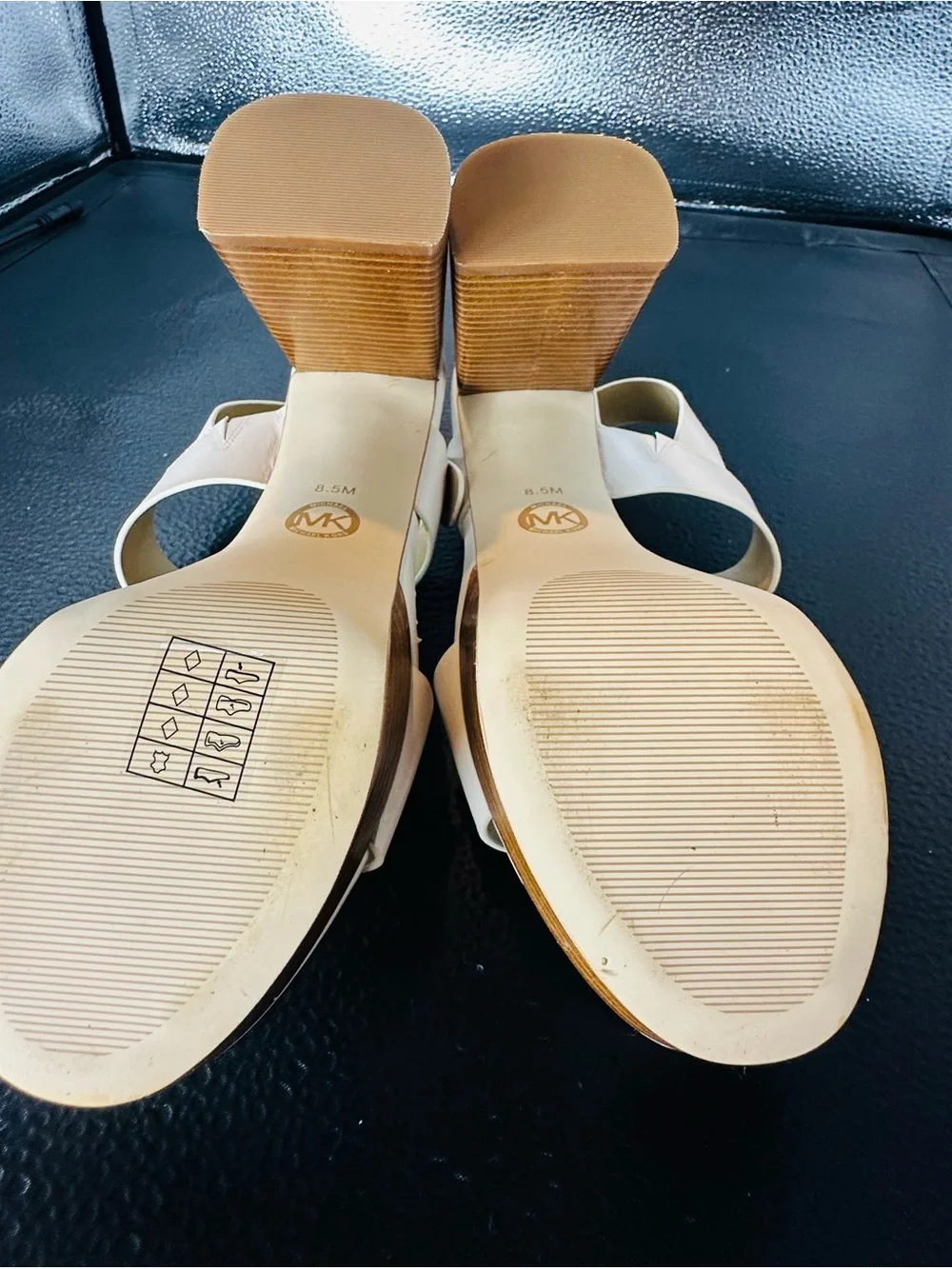 MICHAEL KORS Cream Leather Platform Block Heel Sandals with Gold MK Logo